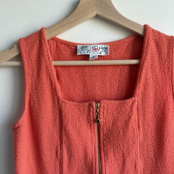 St. John Coral Orange Textured Knit Sleeveless Zip Front Dress with Pockets Sz 4 - Picture 2 of 6